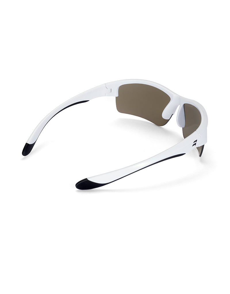 Gafas deportivas infantiles BIKKOA JUNIOR con montura blanca y lente azul REVO para protección solar y visión deportiva, vista trasera lateral derecha mostrando patillas flexibles para ajuste cómodo en niños y niñas - Azul