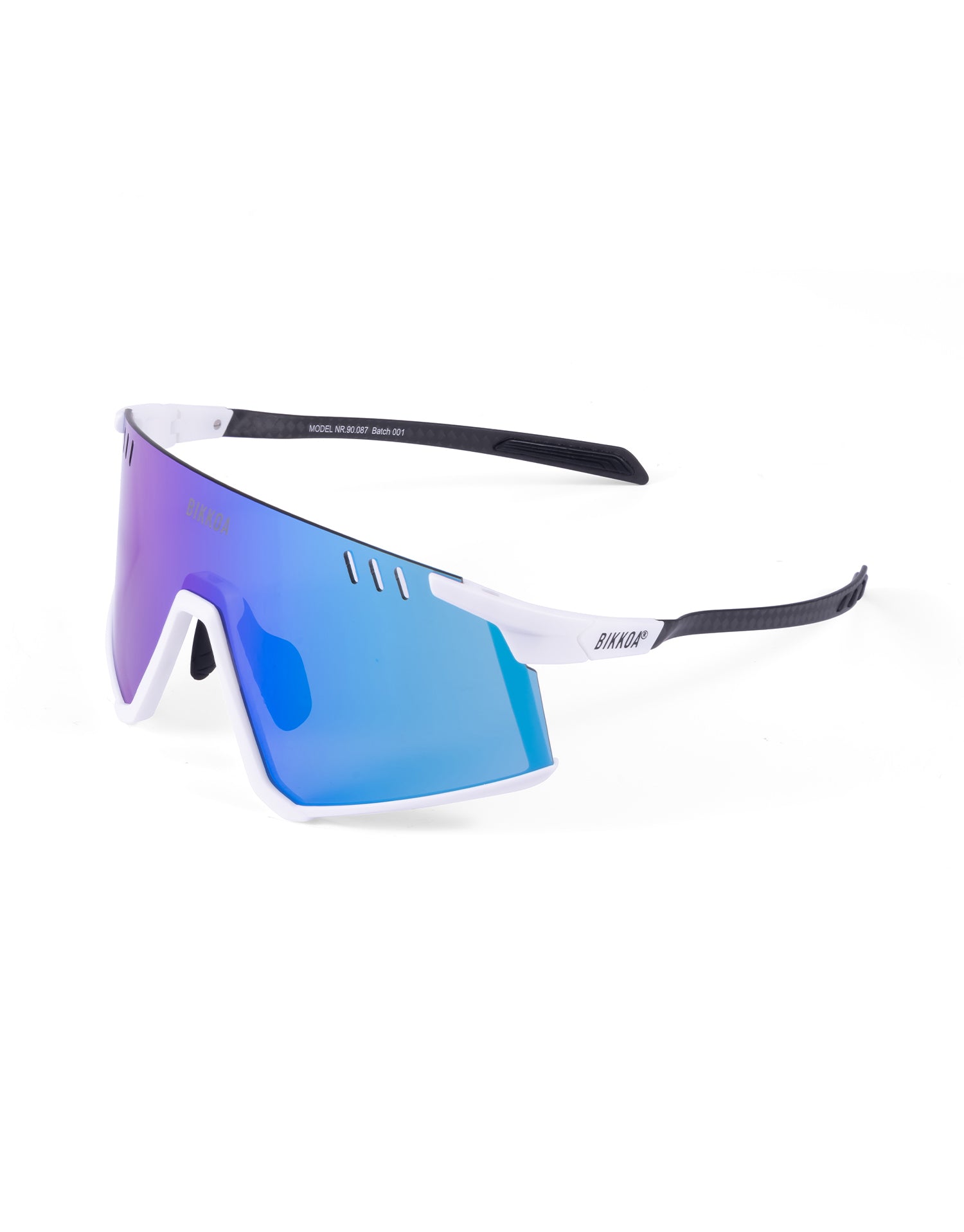 Gafas deportivas BIKKOA ELION con patillas de carbono y lente azul REVO, vista lateral izquierda destacando el diseño aerodinámico y la lente azul REVO perforada AIR VENT - azul