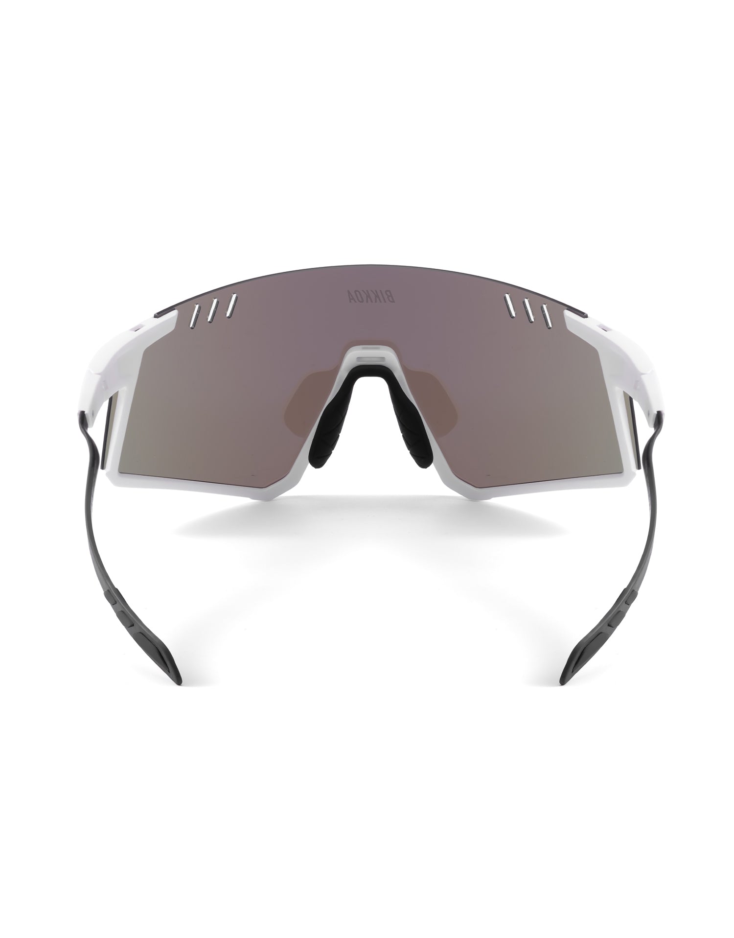 Gafas deportivas BIKKOA ELION con patillas de carbono y lente azul REVO, vista trasera mostrando el sistema de ventilación y puente nasal ajustable - azul