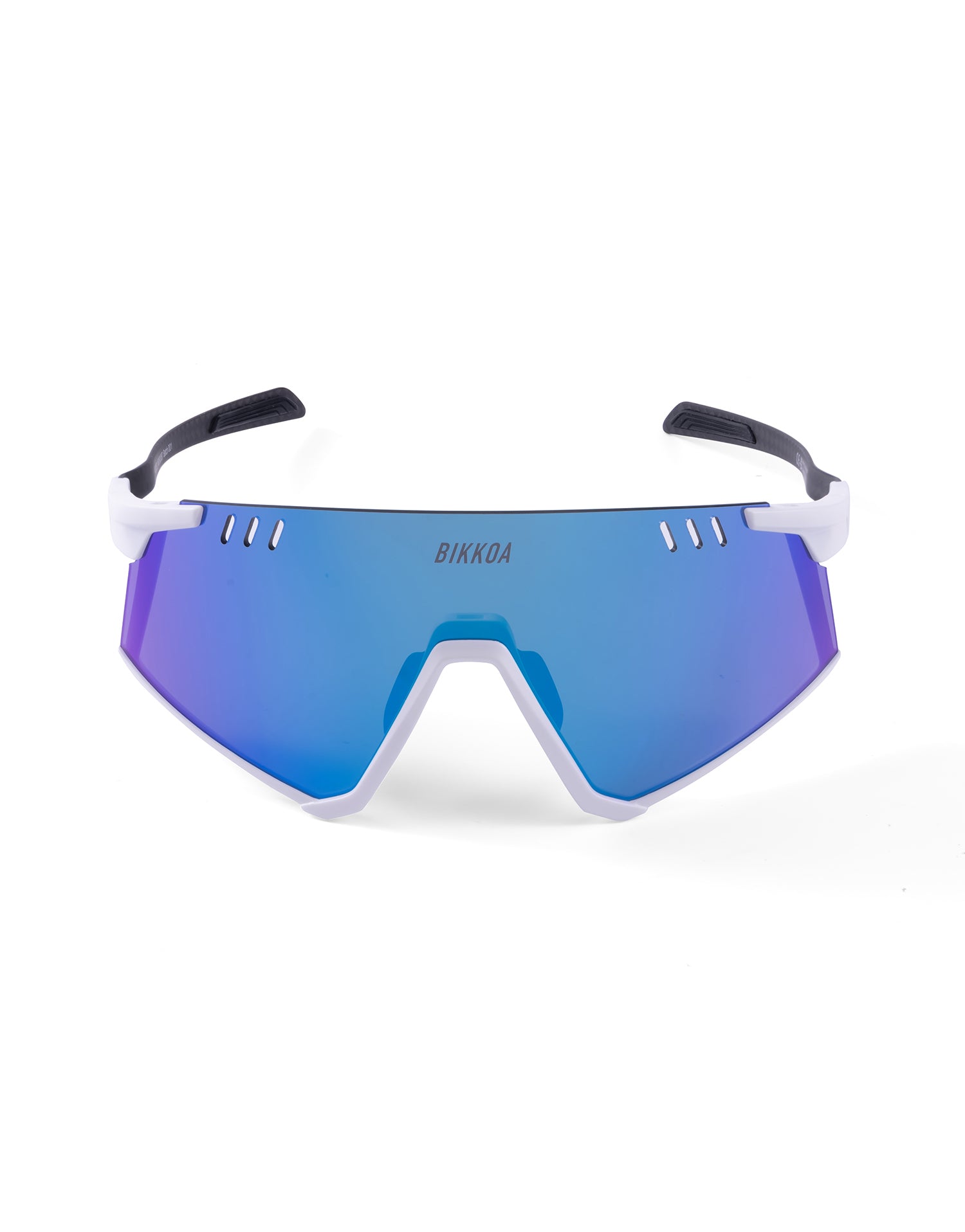 Gafas deportivas BIKKOA ELION con patillas de carbono y lente azul REVO, vista frontal completa con lente azul REVO perforada AIR VENT para reducir la fricción del viento - azul