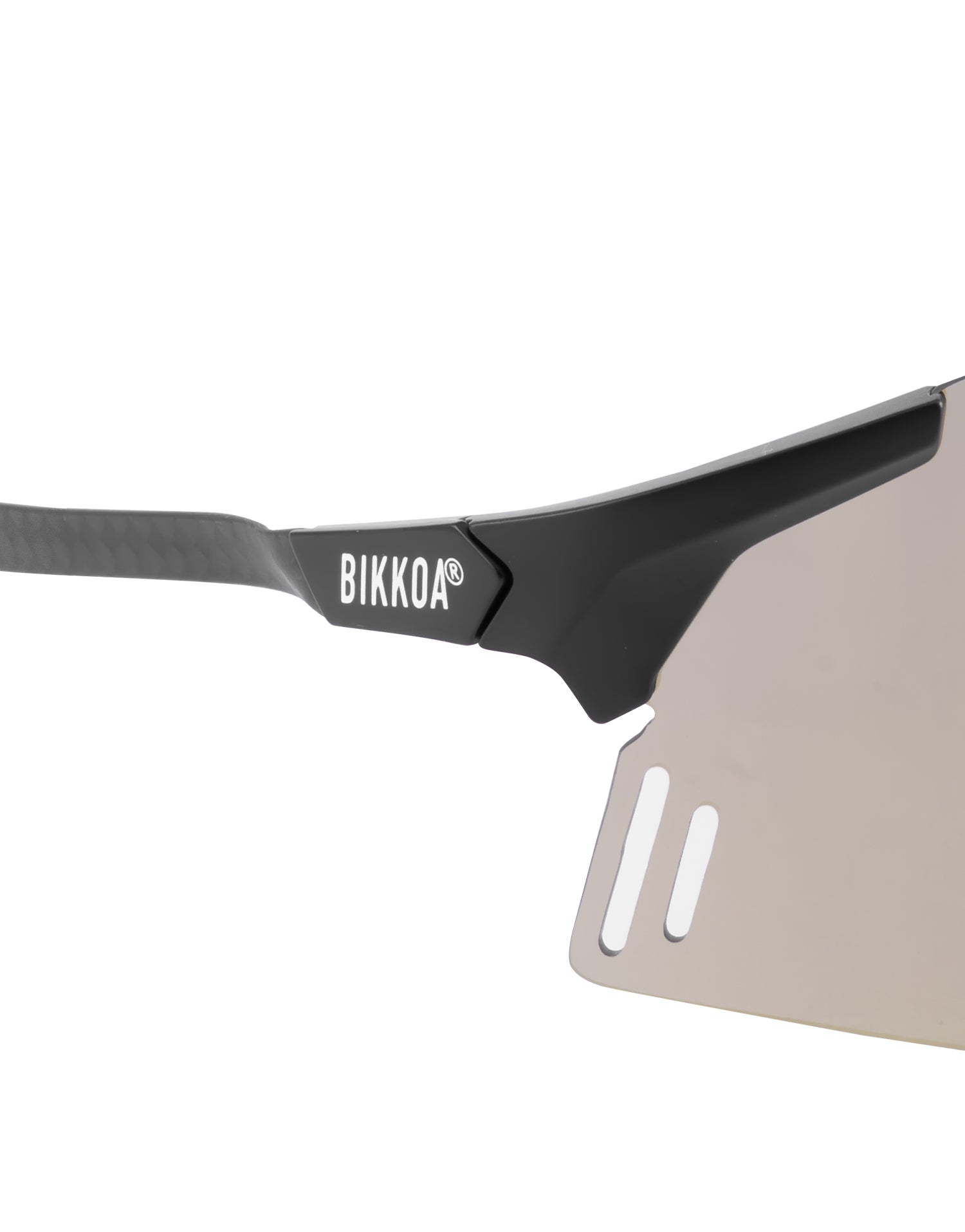 Gafas deportivas BIKKOA NEXORA doradas, detalle de la lente perforada AIR VENT y patillas de carbono ultraligero - dorada