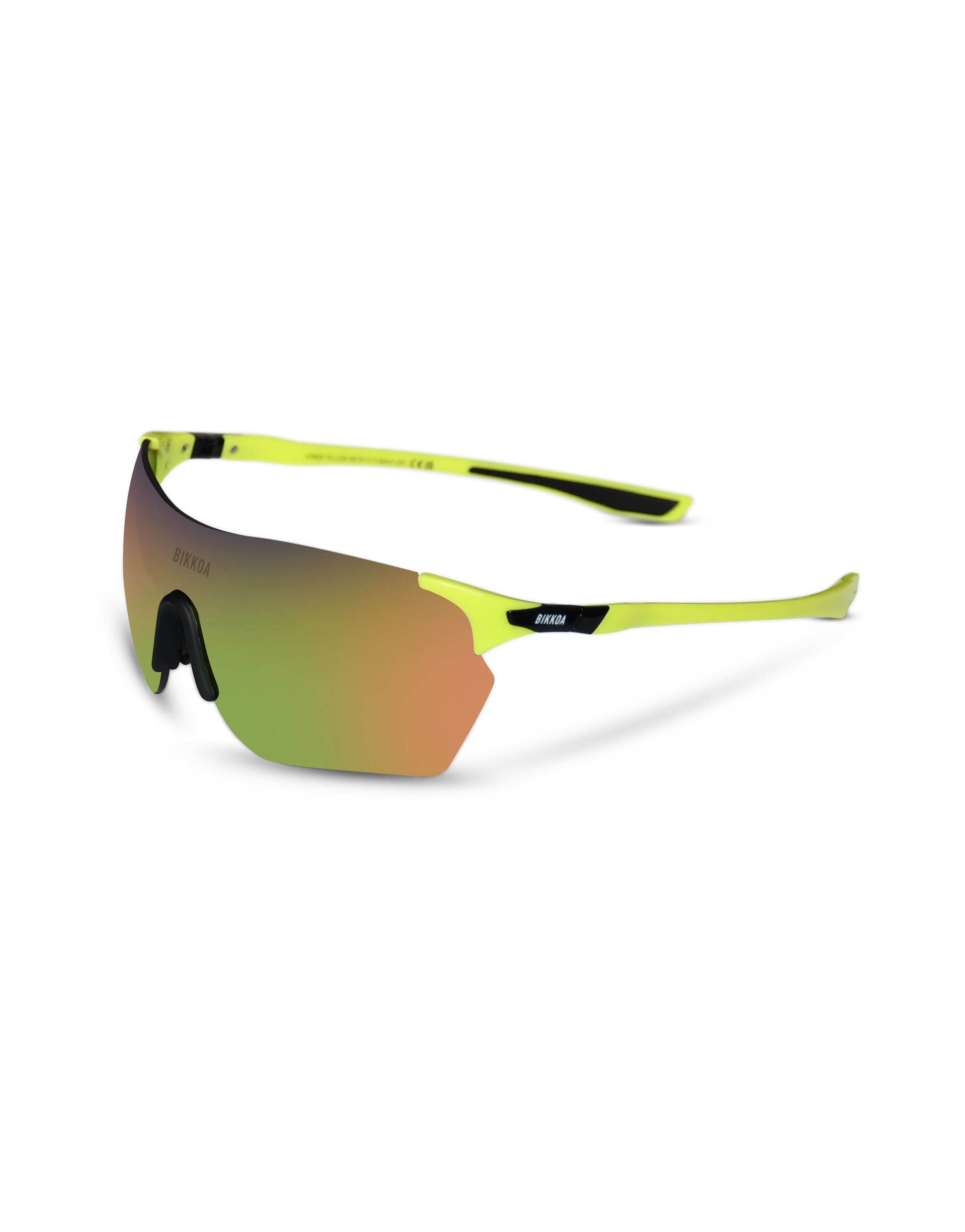 Gafas deportivas polarizadas BIKKOA VYROX con lente amarilla polarizada y montura técnica unificada, vista lateral izquierda del modelo VYROX con lente amarilla polarizada y montura técnica unificada, ideal para running de alto rendimiento - Amarilla