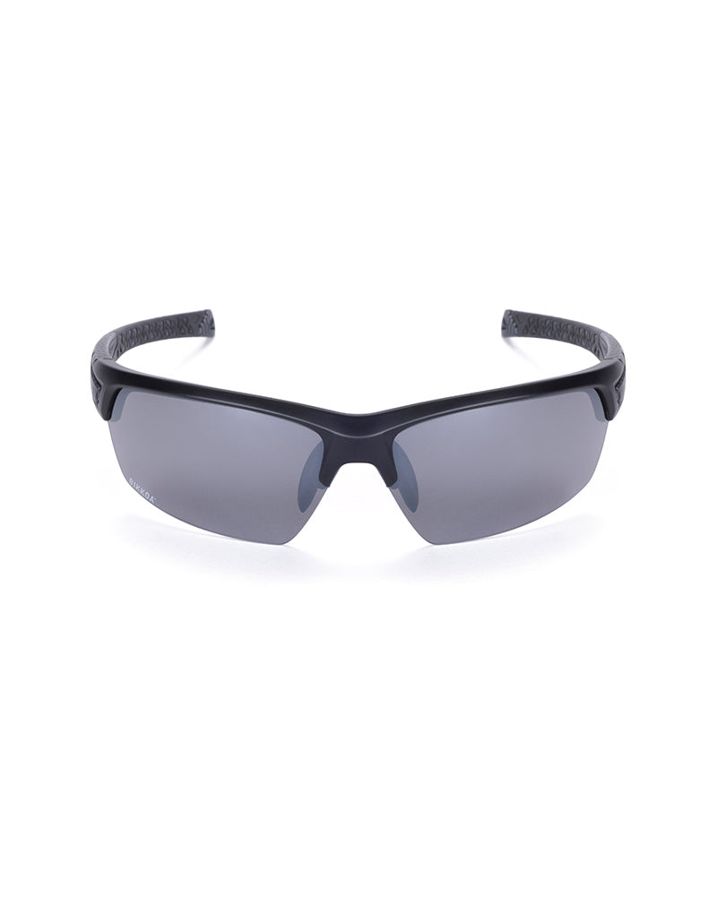 Gafas deportivas BIKKOA GOAT color plateada, vista frontal con lente plateada REVO, ideal para alta movilidad en deportes de raqueta y carrera - Plateada