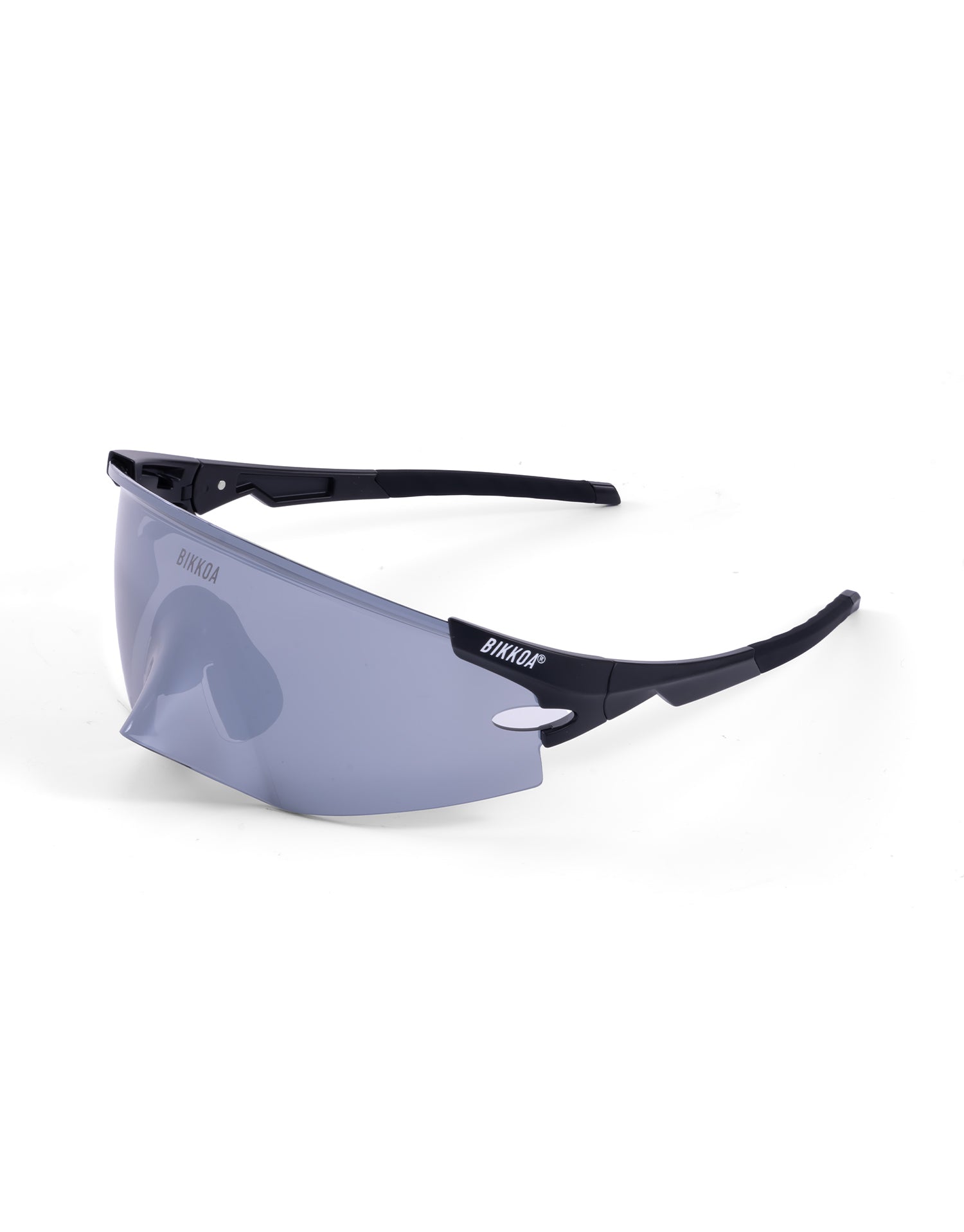 Gafas de ciclismo BIKKOA AERION negras, vista lateral izquierda con lente REVO para ciclismo de alto rendimiento - Plateada