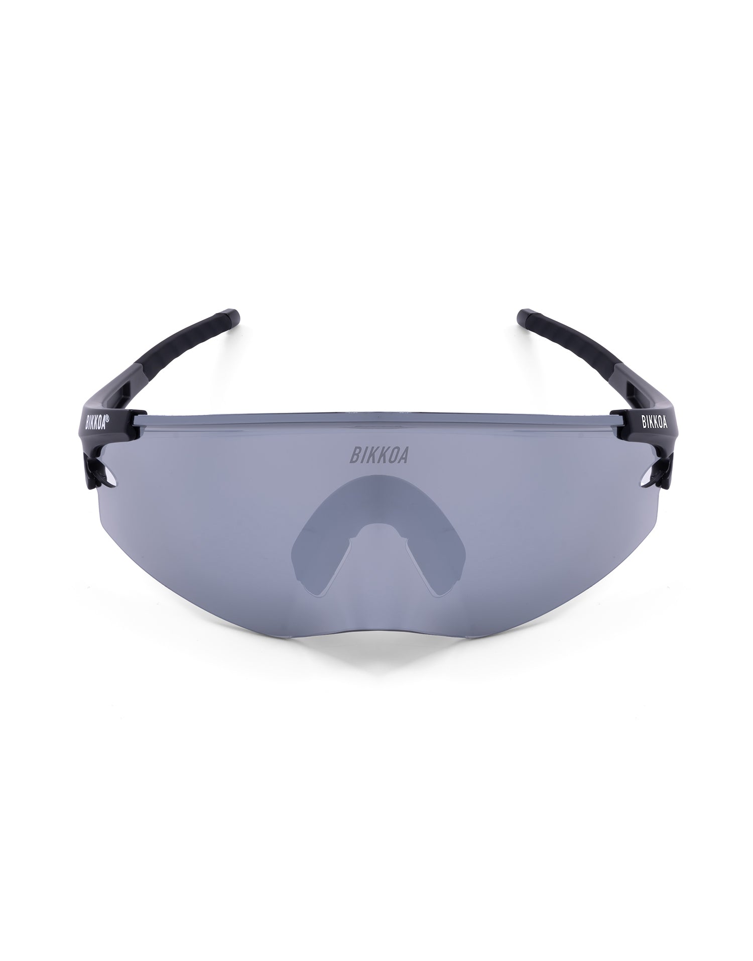 Gafas de ciclismo BIKKOA AERION negras, vista frontal completa con montura negra y lente de alto contraste - Plateada