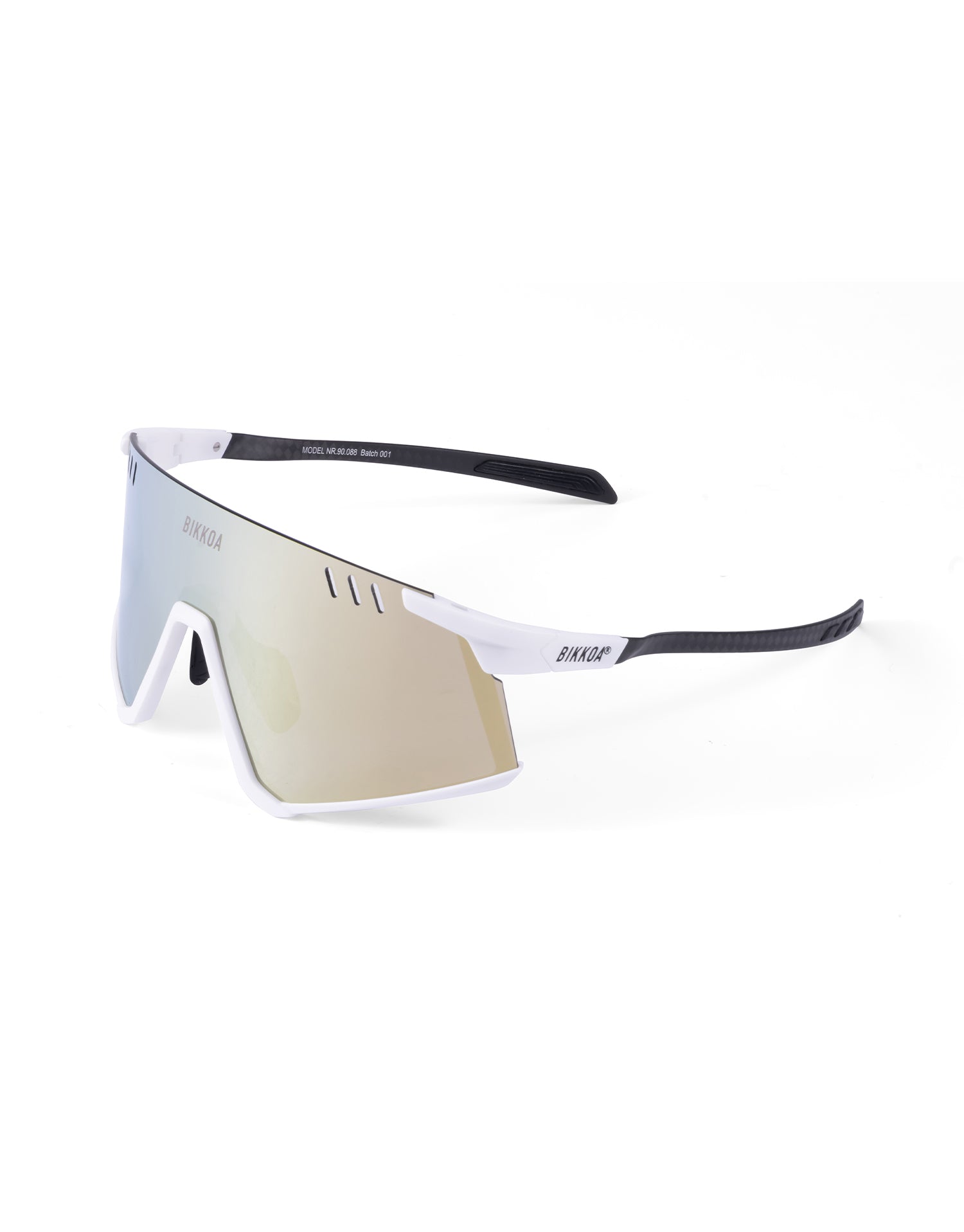 Gafas deportivas BIKKOA ELION con patillas de carbono y lente dorada REVO, vista lateral izquierda destacando el diseño aerodinámico y la lente dorada REVO perforada AIR VENT - dorada