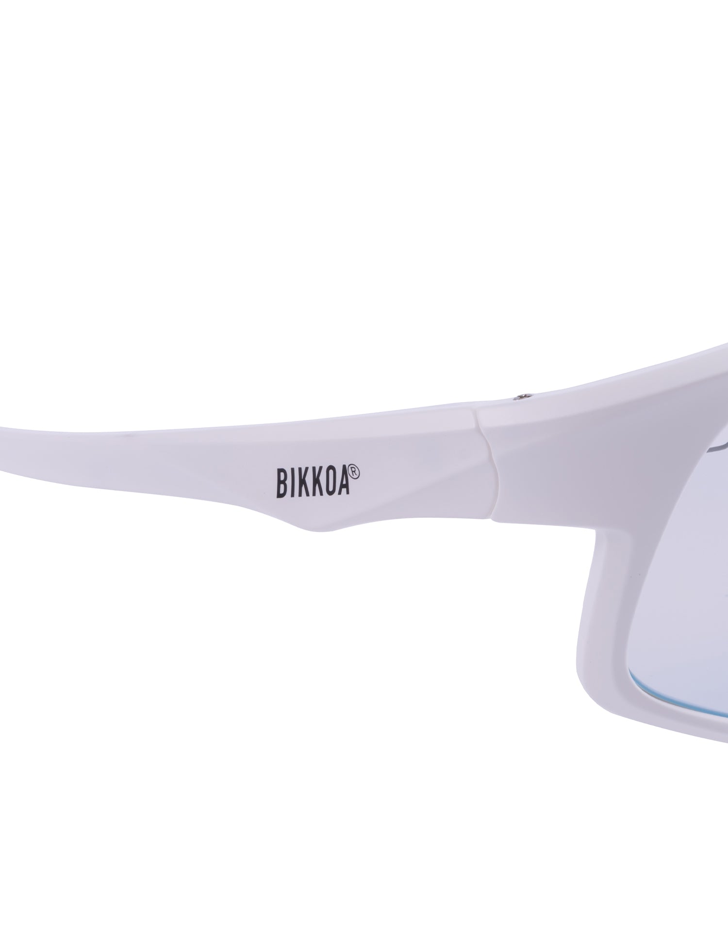 Vista lateral de las gafas BIKKOA RELION con patillas ergonómicas en TR-90 blanco mate - azul