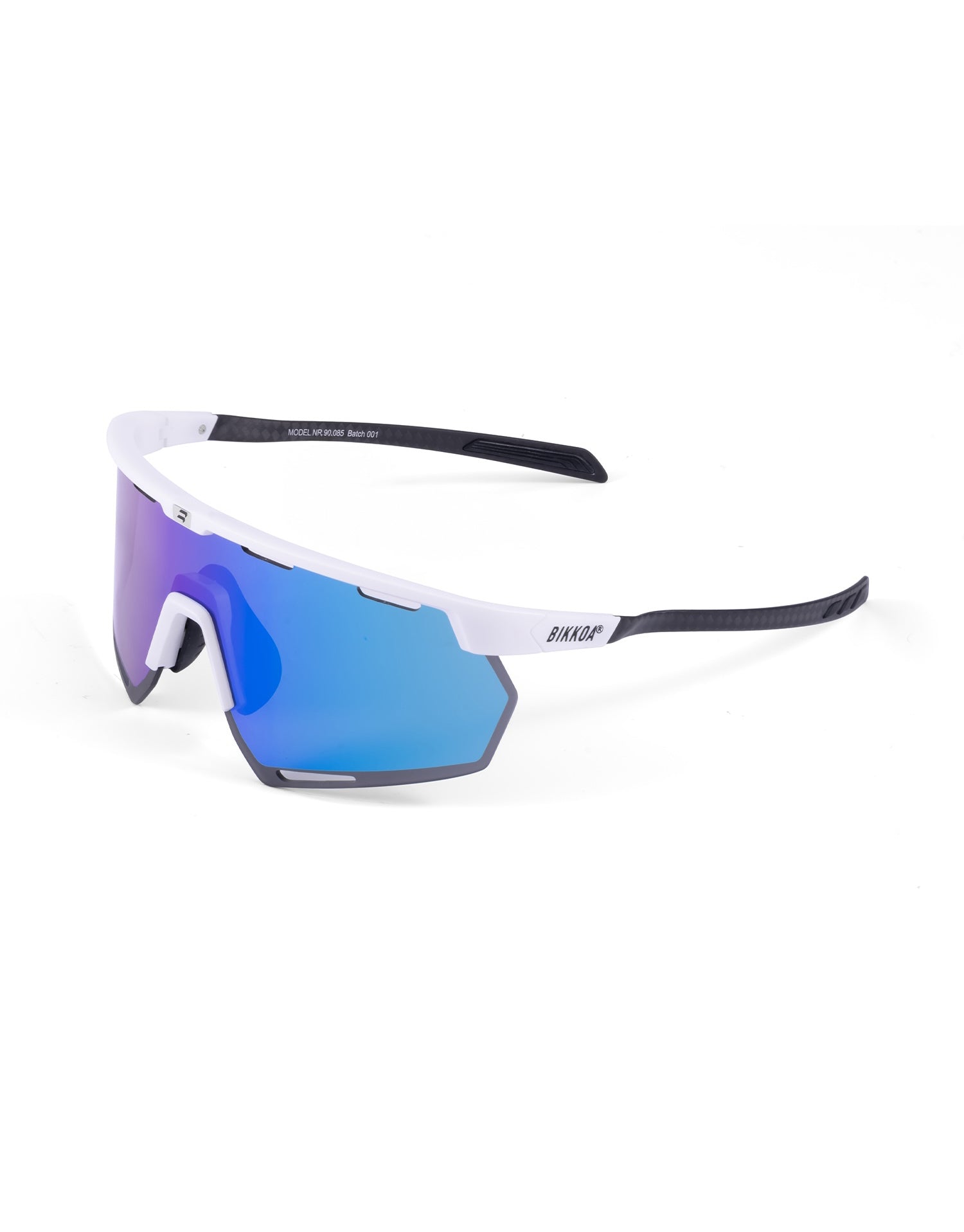 Gafas deportivas BIKKOA STRATOX con lente azul REVO y montura blanca con patillas de carbono, vista lateral izquierda destacando la lente azul REVO perforada AIR VENT y montura blanca con patillas de carbono - azul