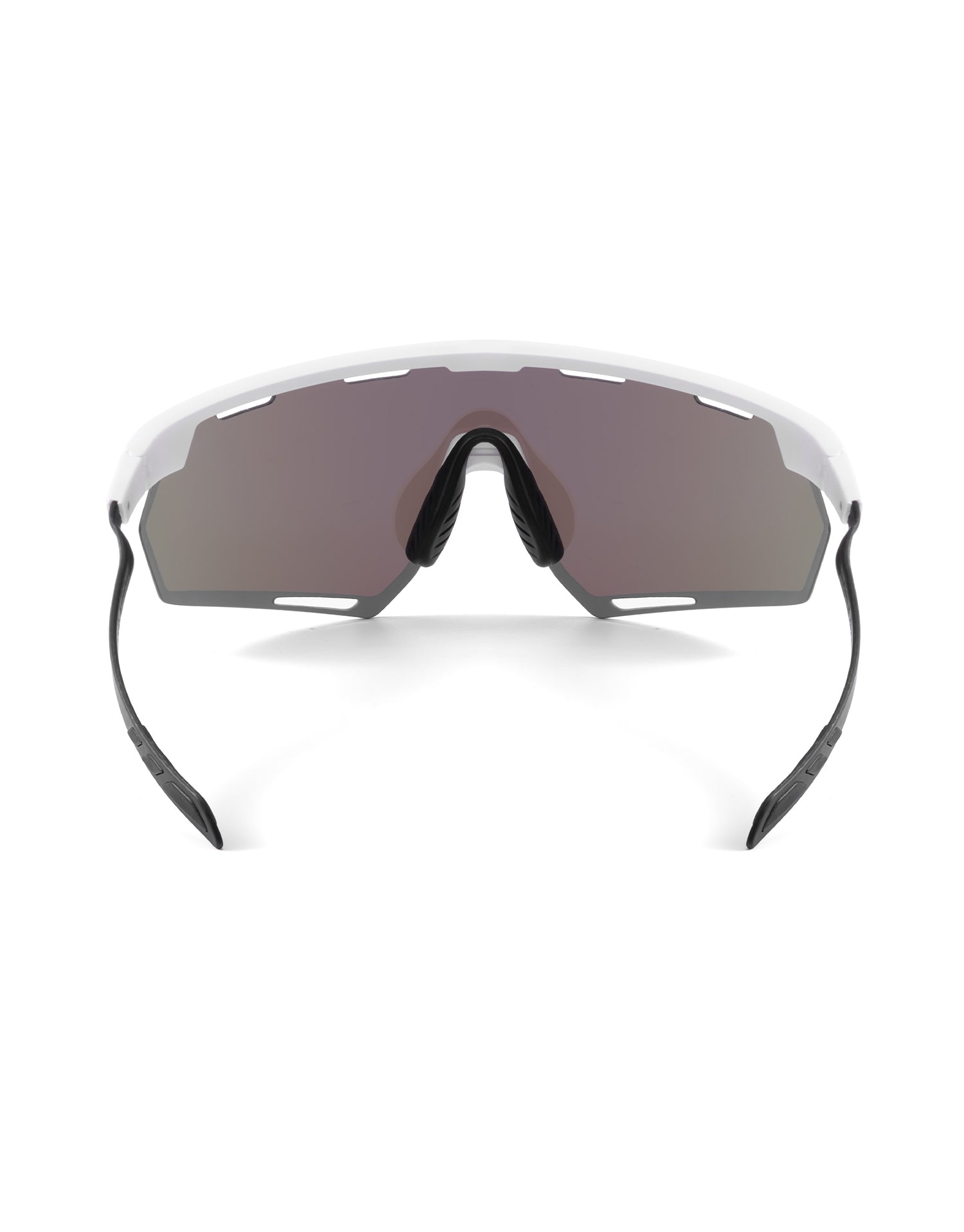 Gafas deportivas BIKKOA STRATOX con lente azul REVO y montura blanca con patillas de carbono, vista trasera mostrando puente nasal ajustable y estructura de ventilación - azul