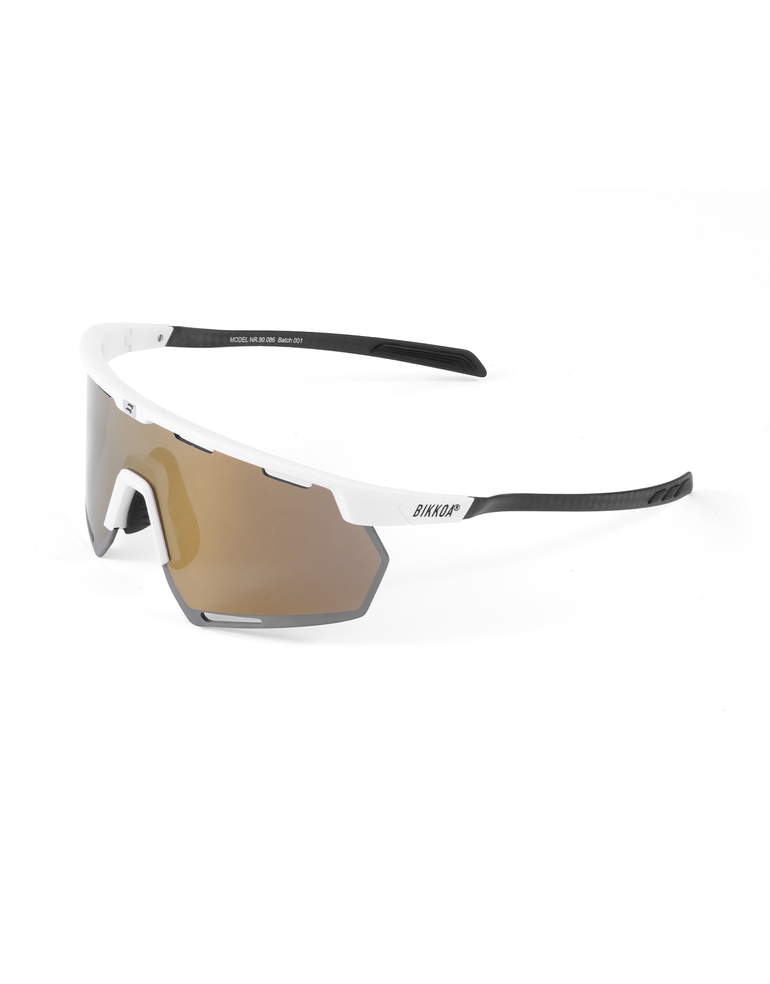 Gafas deportivas BIKKOA STRATOX con lente dorada REVO y montura blanca con patillas de carbono, vista lateral izquierda destacando la lente dorada REVO perforada AIR VENT y montura blanca con patillas de carbono - dorada