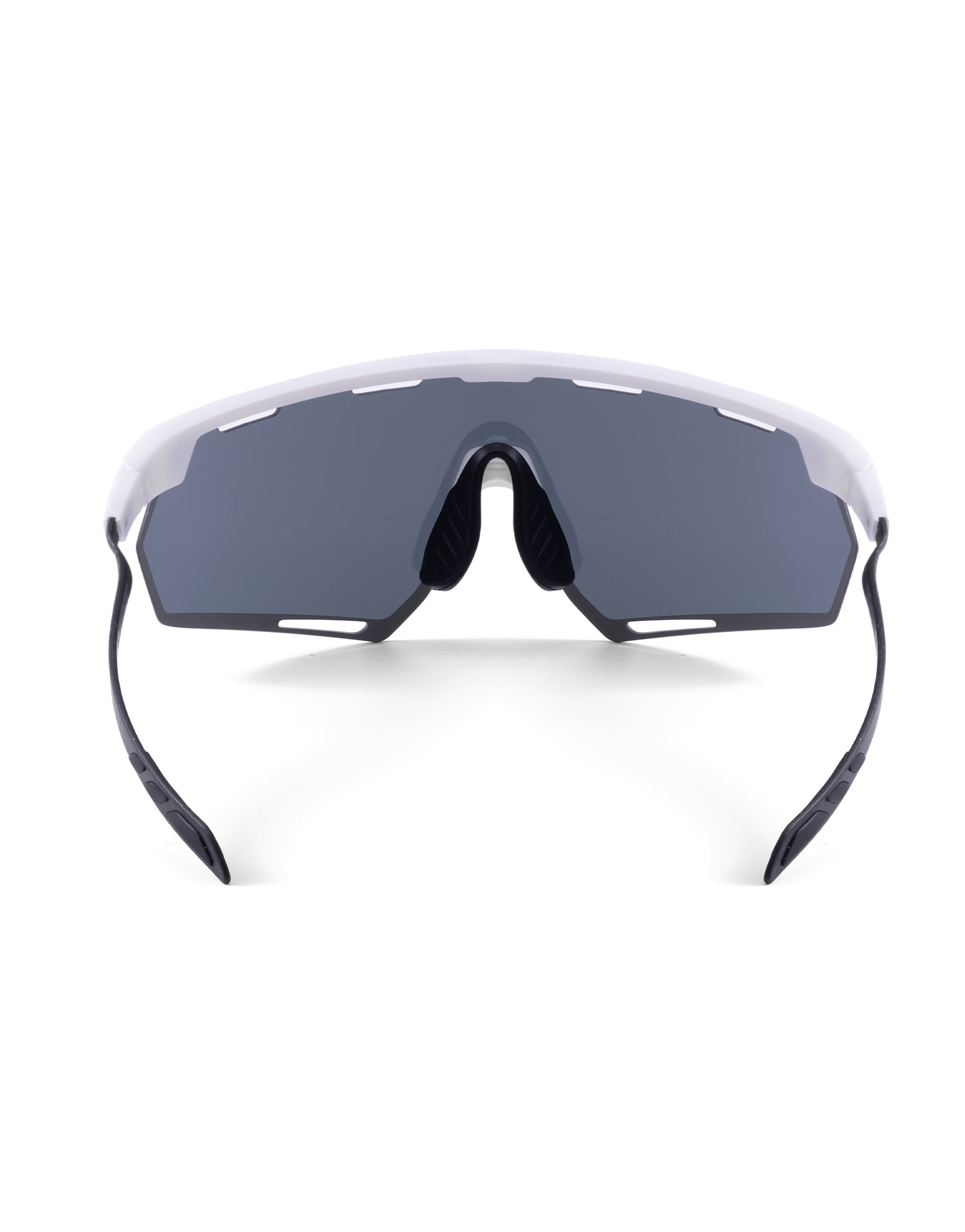 Gafas deportivas BIKKOA STRATOX con lente dorada REVO y montura blanca con patillas de carbono, vista trasera mostrando puente nasal ajustable y estructura de ventilación - dorada