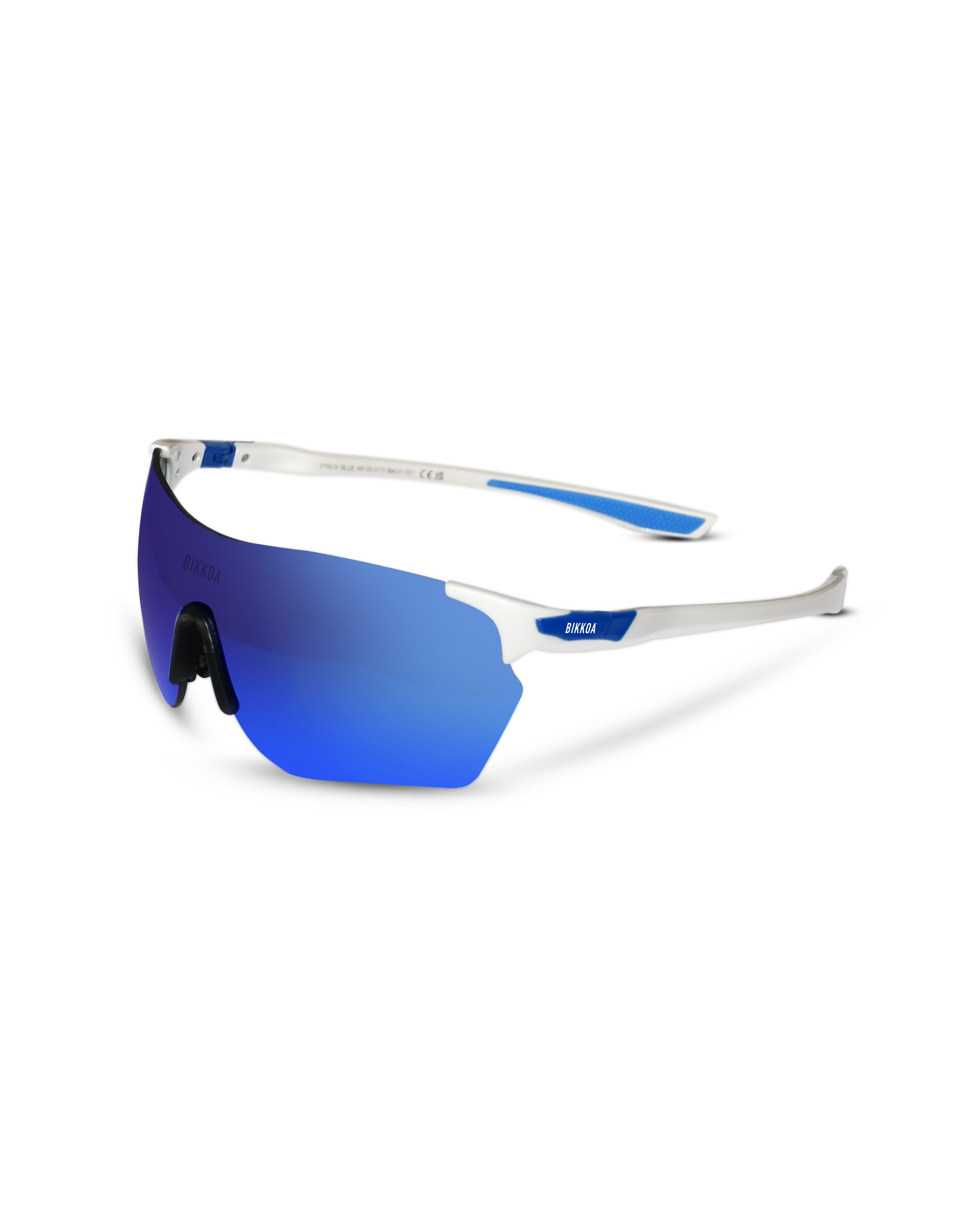 Gafas deportivas polarizadas BIKKOA VYROX con lente azul polarizada y montura blanca deportiva, vista lateral izquierda del modelo VYROX con lente azul polarizada y montura blanca deportiva, ideal para running de alto rendimiento - Azul