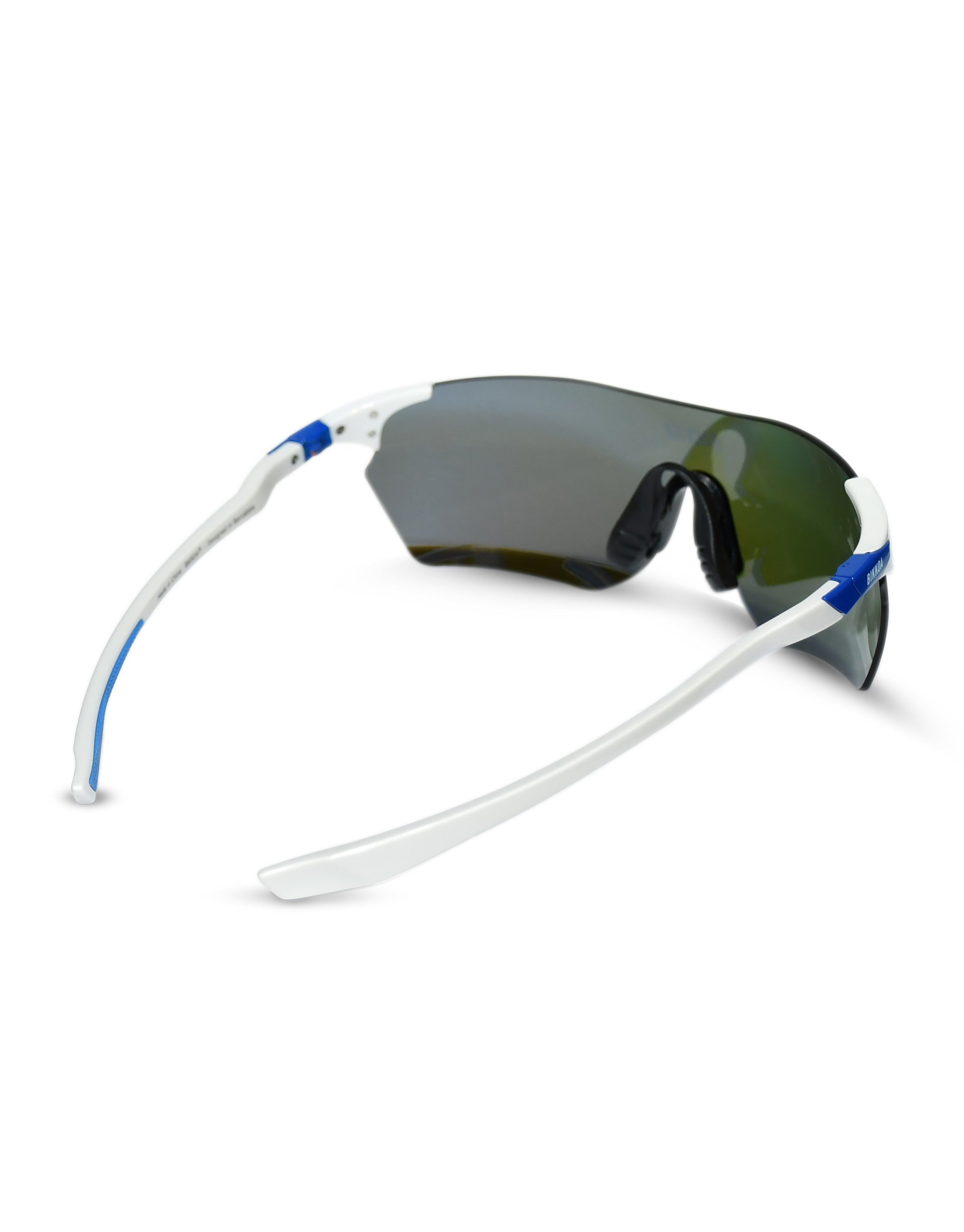 Gafas deportivas polarizadas BIKKOA VYROX con lente azul polarizada y montura blanca deportiva, vista trasera lateral con diseño ergonómico y ajuste seguro para entrenamientos intensos - Azul