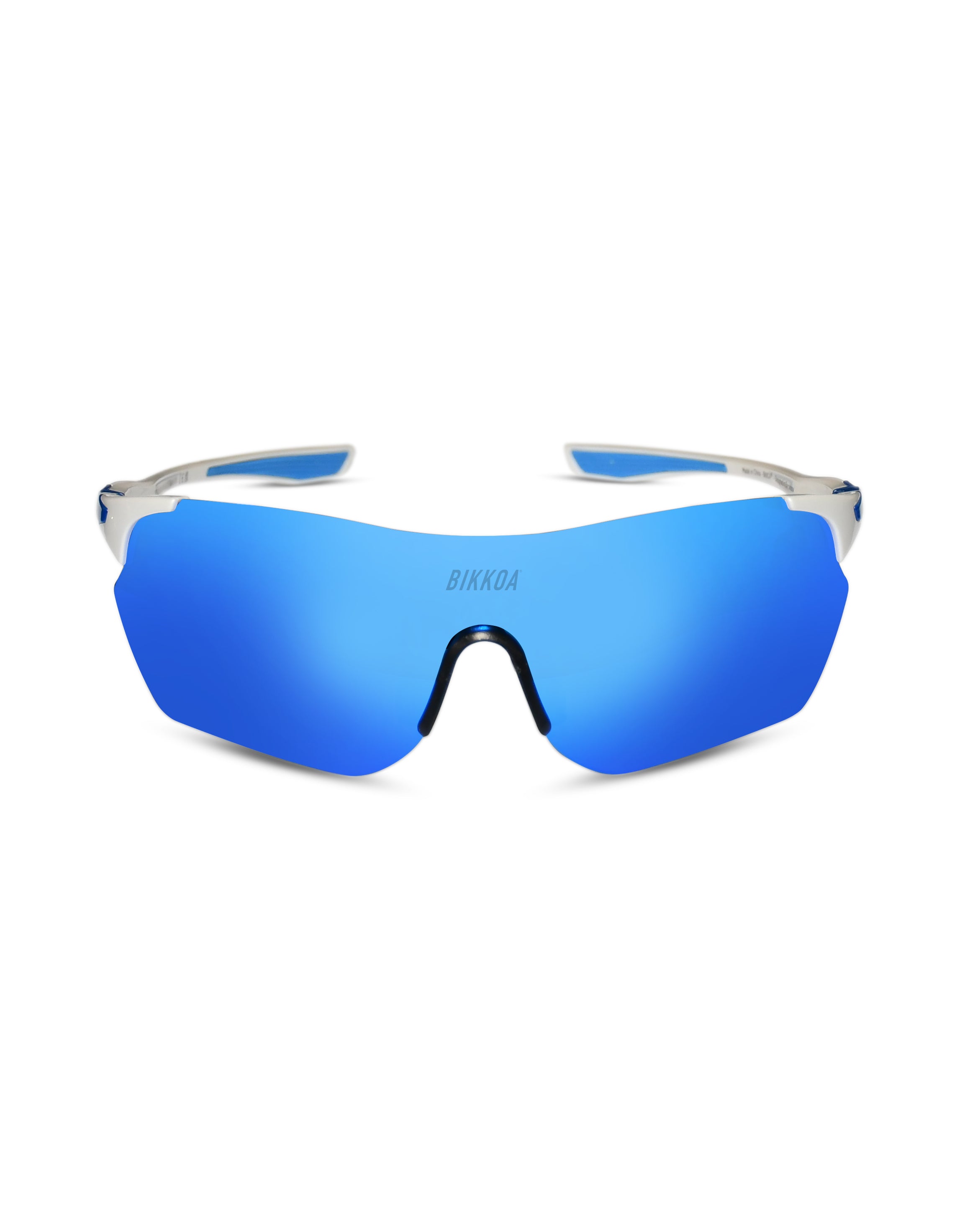 Gafas deportivas polarizadas BIKKOA VYROX con lente azul polarizada y montura blanca deportiva, vista frontal de la gafa con lente máscara polarizada de una sola pieza - Azul