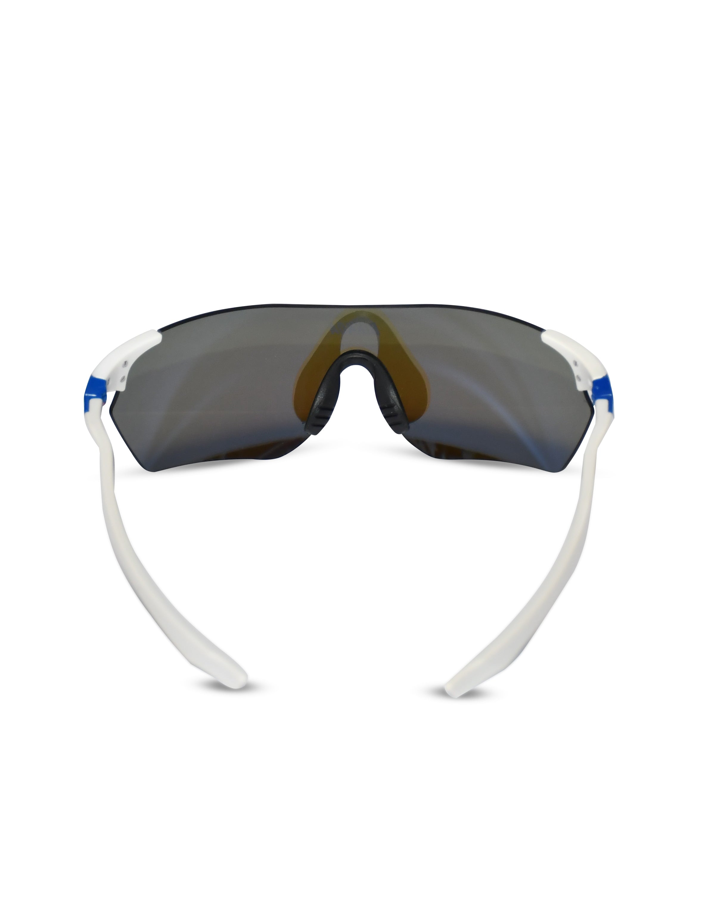 Gafas deportivas polarizadas BIKKOA VYROX con lente azul polarizada y montura blanca deportiva, vista trasera con puente nasal y curvatura envolvente para estabilidad y visión deportiva - Azul