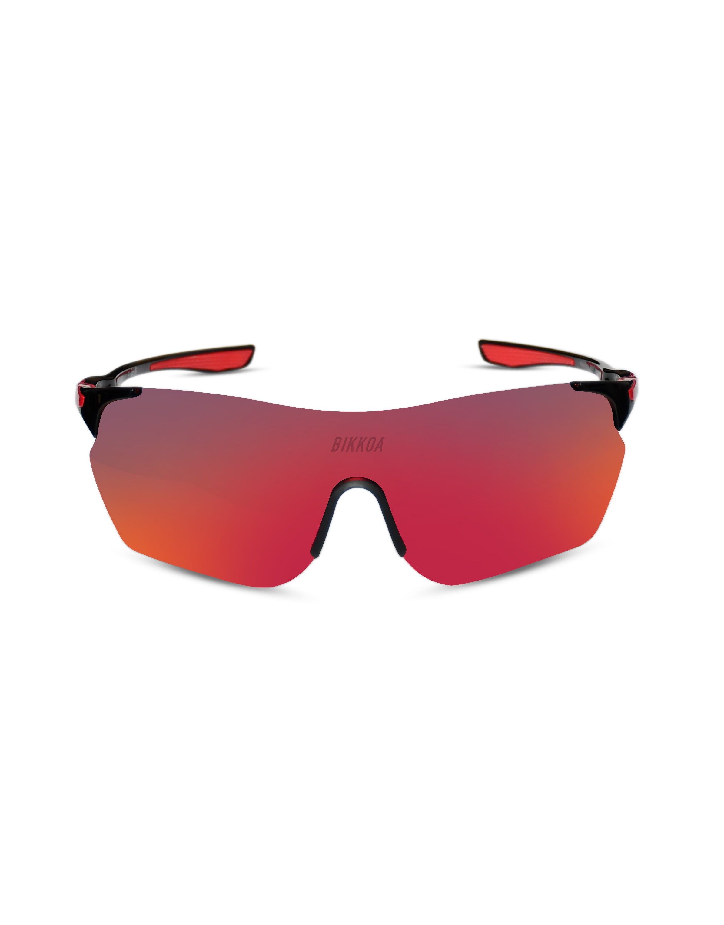 Gafas deportivas polarizadas BIKKOA VYROX con lente roja polarizada y montura negra envolvente, vista frontal de la gafa con lente máscara polarizada de una sola pieza - Roja