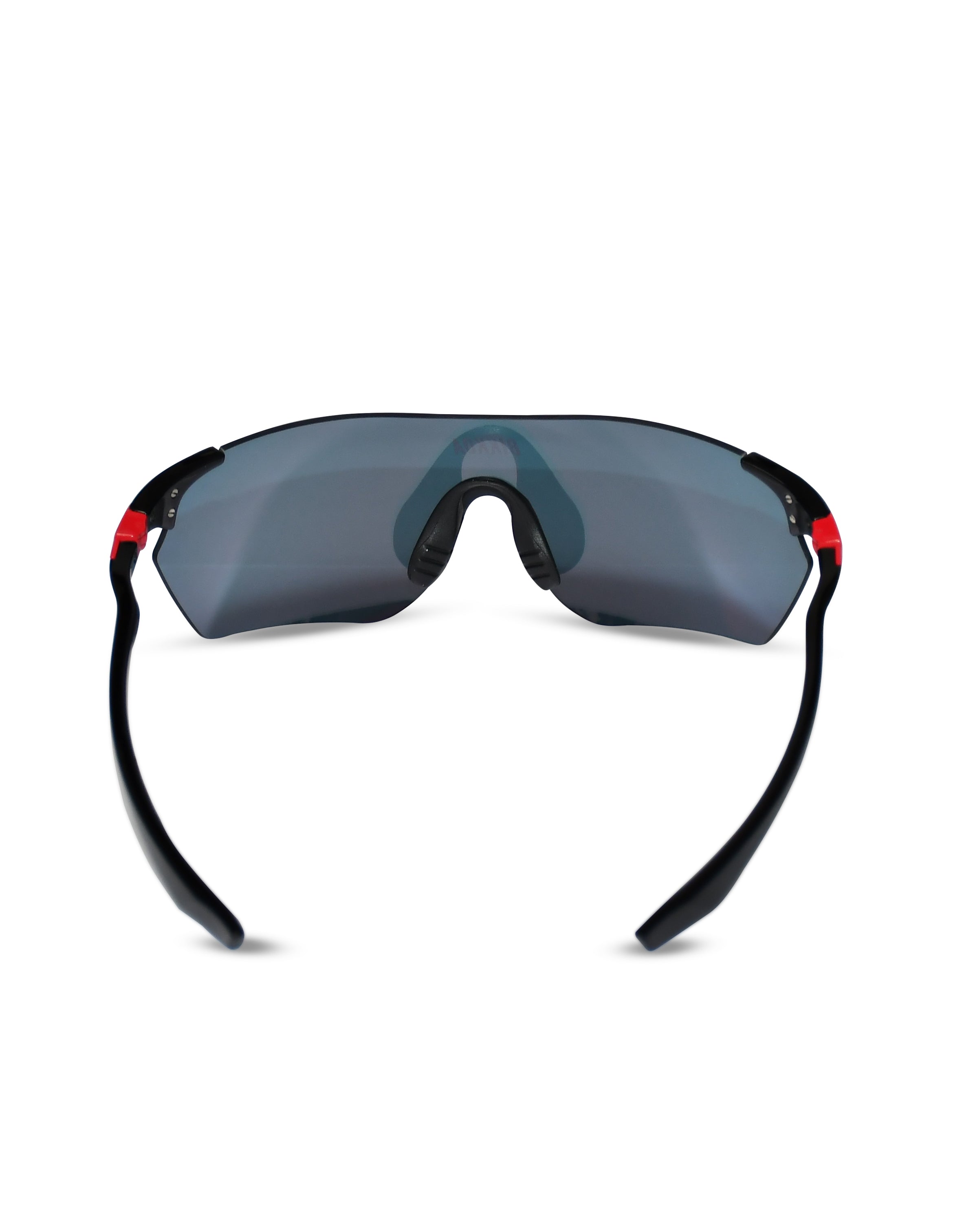 Gafas deportivas polarizadas BIKKOA VYROX con lente roja polarizada y montura negra envolvente, vista trasera con puente nasal y curvatura envolvente para estabilidad y visión deportiva - Roja
