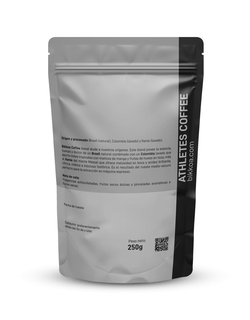 Cara trasera del paquete con información nutricional y recomendaciones de uso – Sport Coffee funcional BIKKOA® para deportistas con energía limpia y sabor premium.
